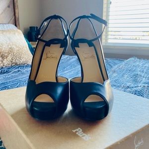 Christian Louboutin Peep Toe Black Leather Ankle Strap Platforms, size 6.5